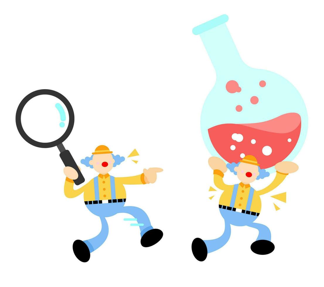 clown carnival and experiment laboratory flask research science cartoon doodle flat design style vector illustration