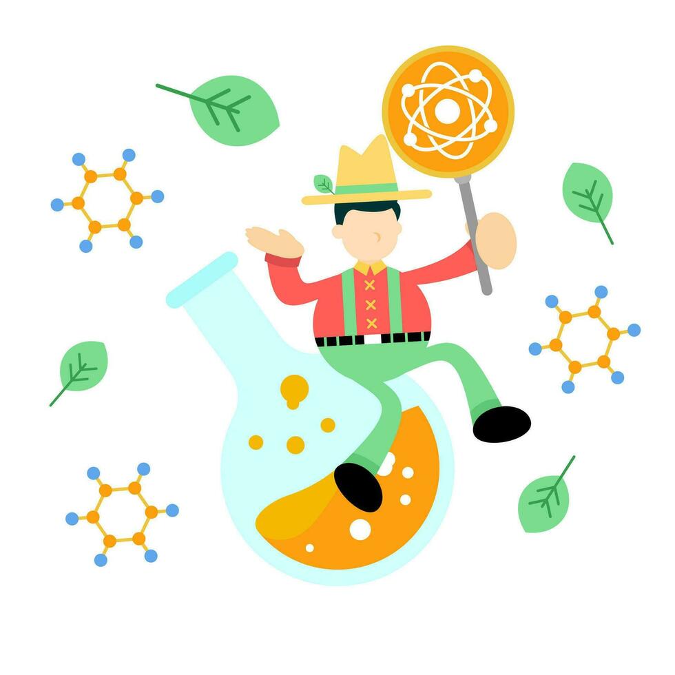 farmer man agriculture and experiment laboratory flask research science cartoon doodle flat design style vector illustration