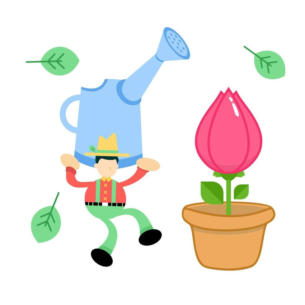 farmer man agriculture and pink tulip blossom flower cartoon doodle flat design style vector illustration