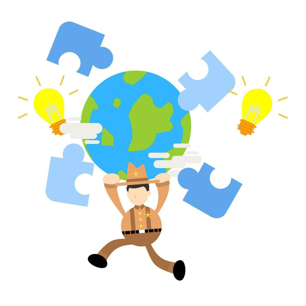 america cowboy and world puzzle lamp idea business cartoon doodle flat design style vector illustration