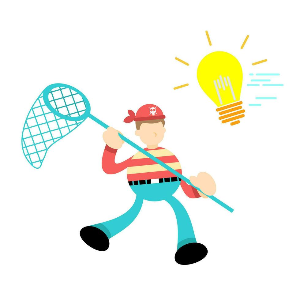 Pirate sailor with pointing to the light bulb cartoon doodle. Idea concept flat design style vector illustration