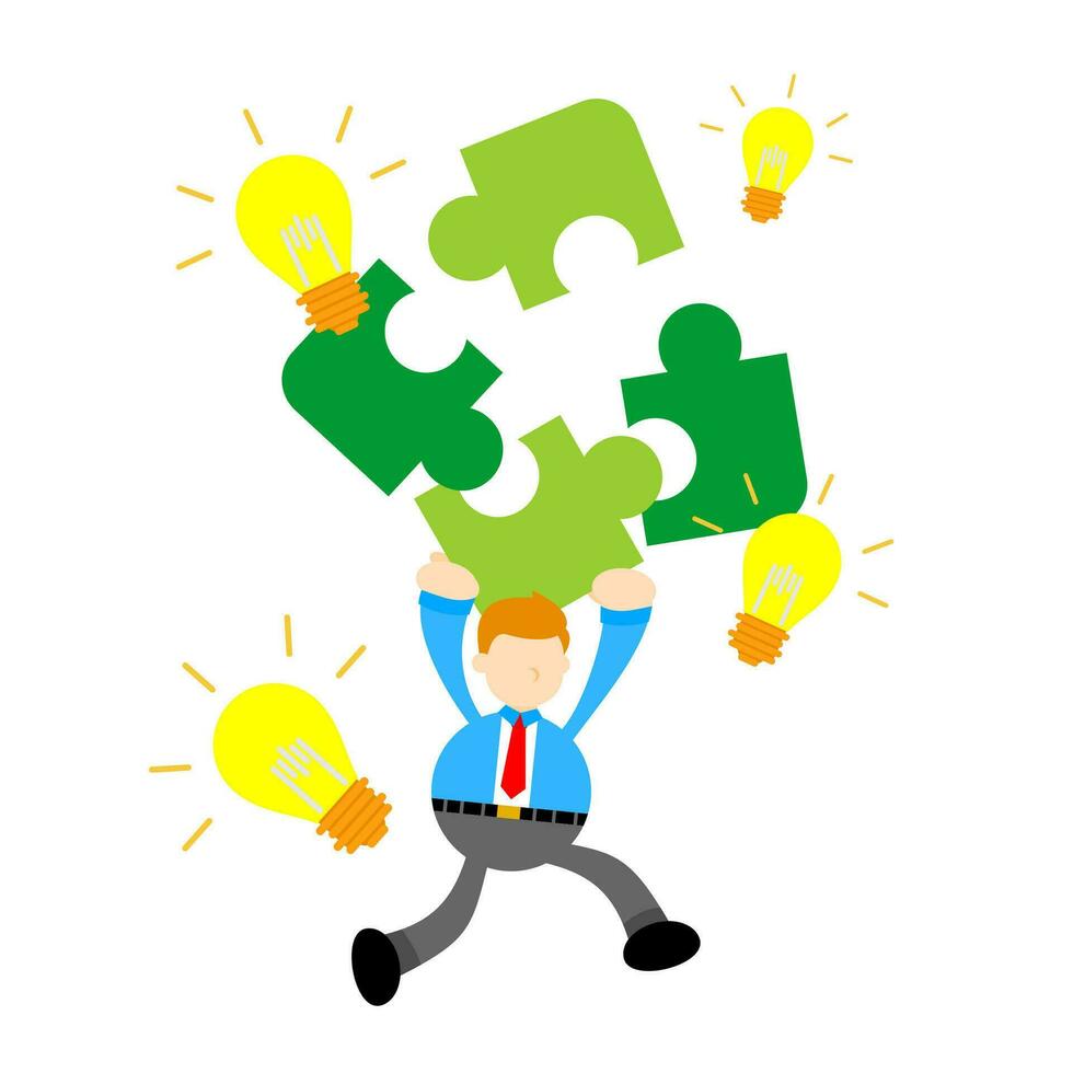 businessman puzzle light lamp bulb cartoon doodle flat design style vector illustration