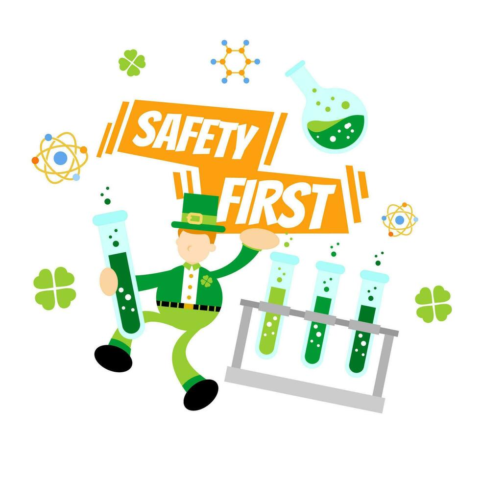 leprechaun shamrock celtic and safety experiment laboratory flask research science cartoon doodle flat design style vector illustration