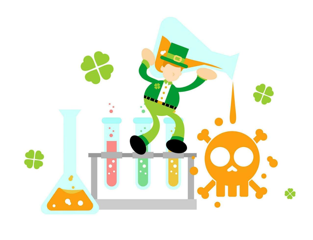 leprechaun shamrock celtic hazardous skull alert danger toxic laboratory formula cartoon doodle flat design style vector illustration