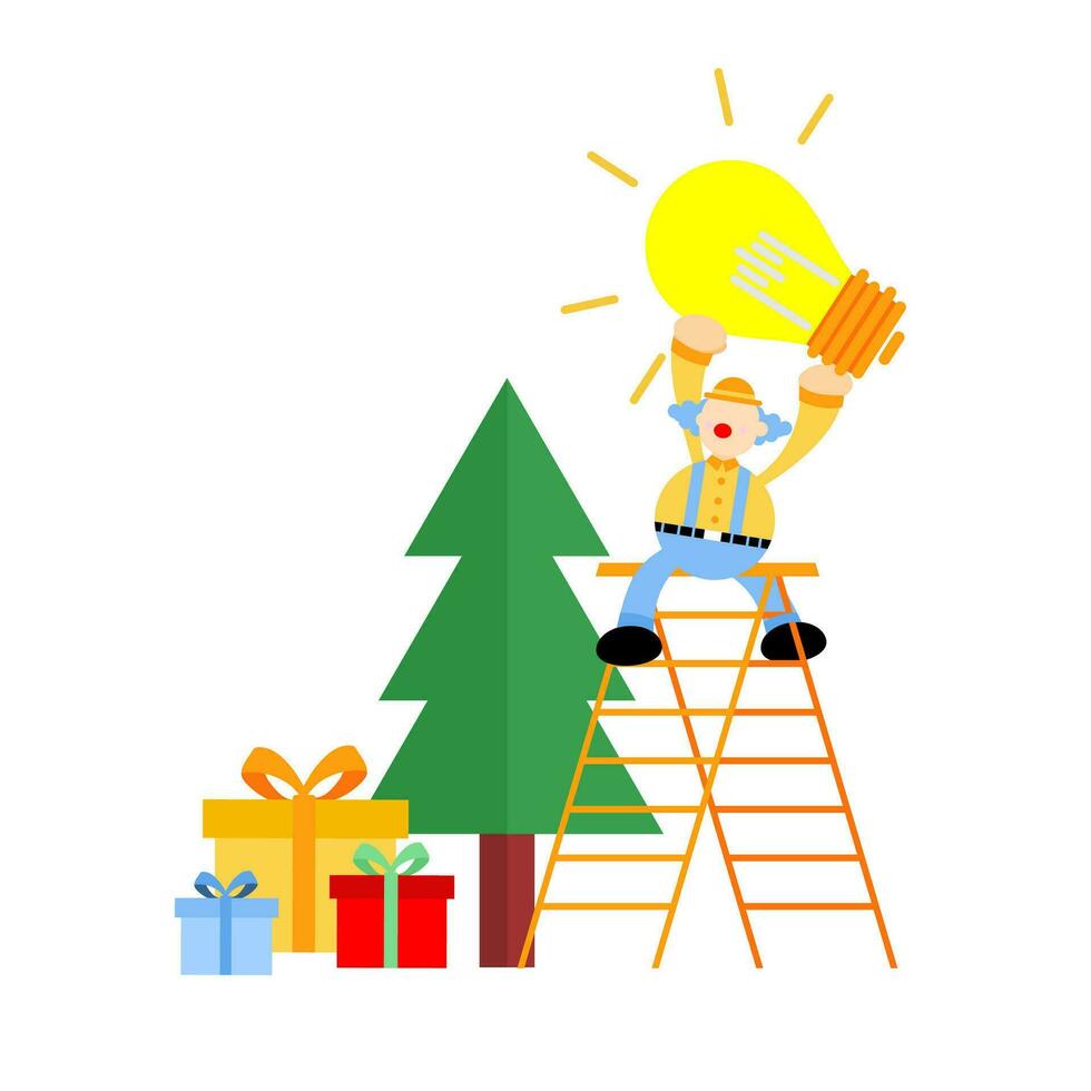 happy clown christmas use bright electric lamp idea cartoon doodle vector illustration flat design style