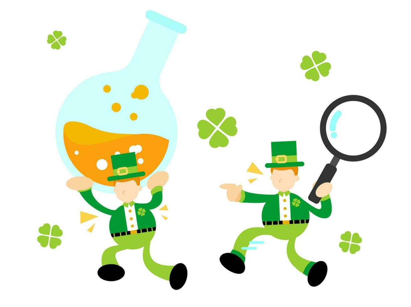 leprechaun shamrock celtic and experiment laboratory flask research science cartoon doodle flat design style vector illustration