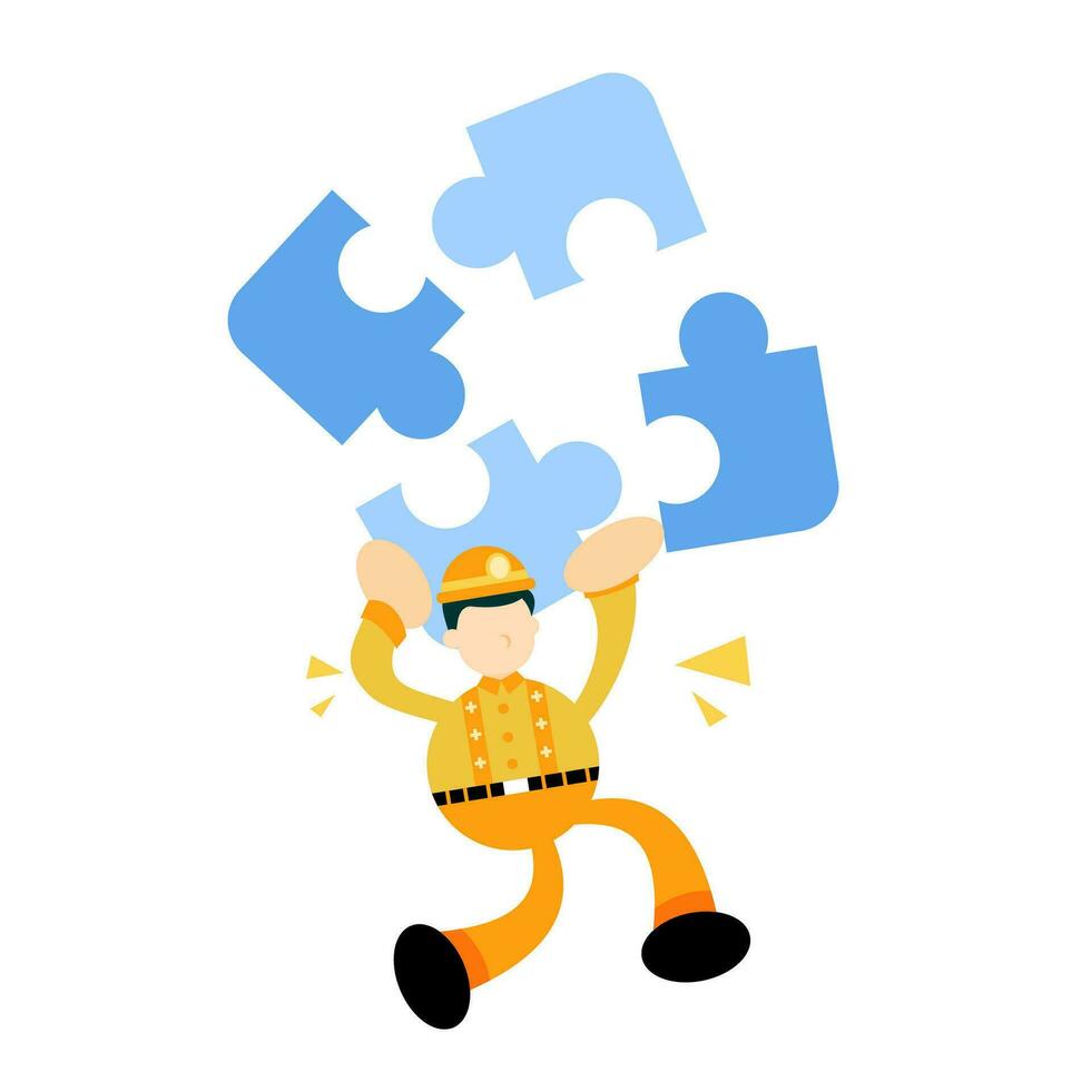Miner worker man puzzle cartoon doodle flat design style vector illustration
