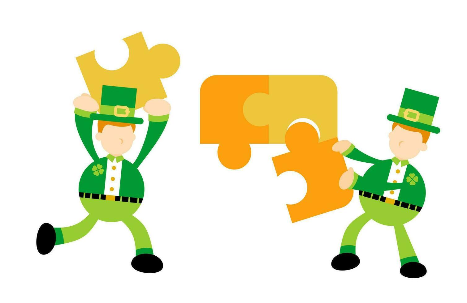 happy leprechaun and play green puzzle teamwork cartoon doodle flat design style vector illustration