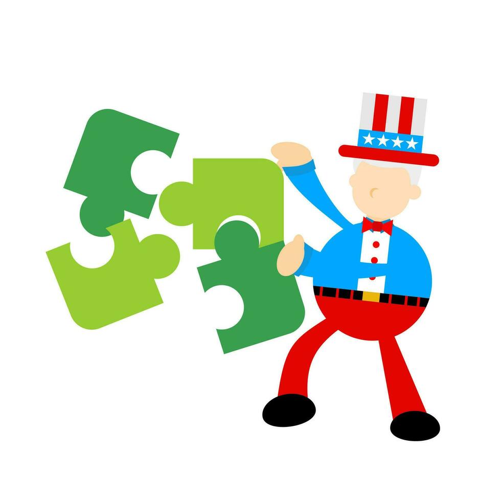 Uncle sam play puzzle cartoon doodle flat design style vector illustration