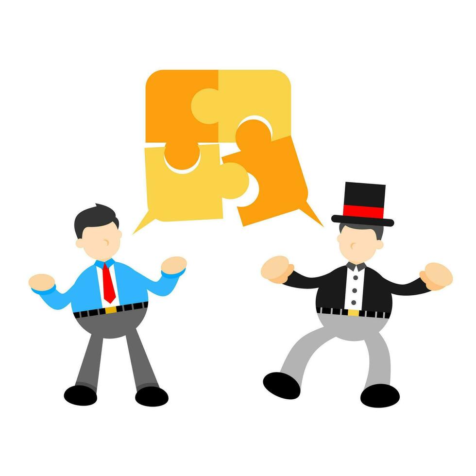 businessman discussion talk about idea puzzle jigsaw cartoon doodle flat design style vector illustration