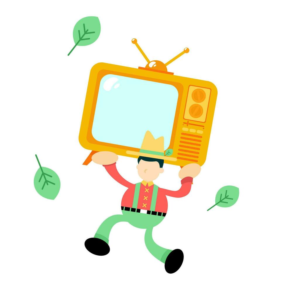 granjero hombre agricultura y amarillo televisión electrónico dibujos animados garabatear plano diseño estilo vector ilustración