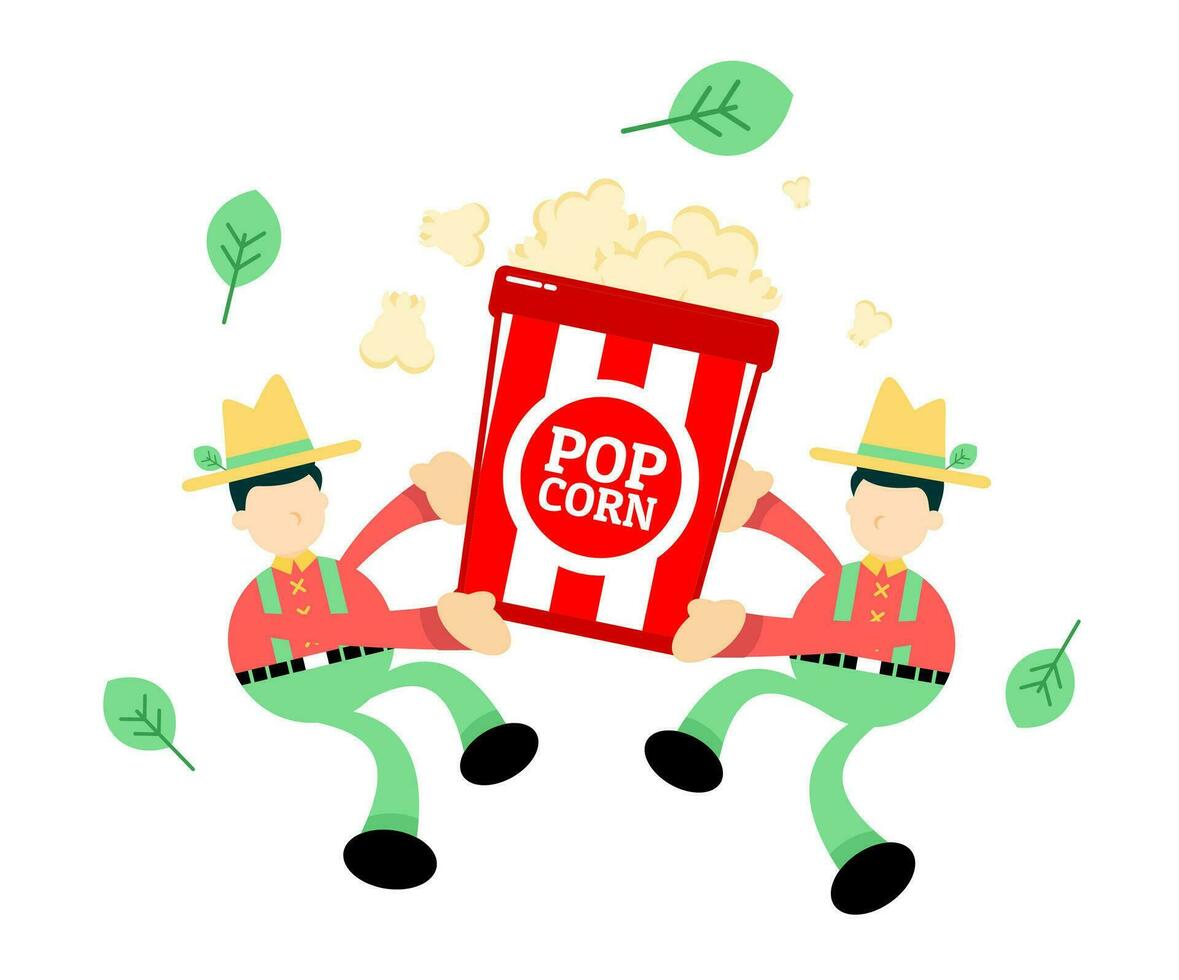 farmer man agriculture and popcorn snack bucket cartoon doodle flat design style vector illustration