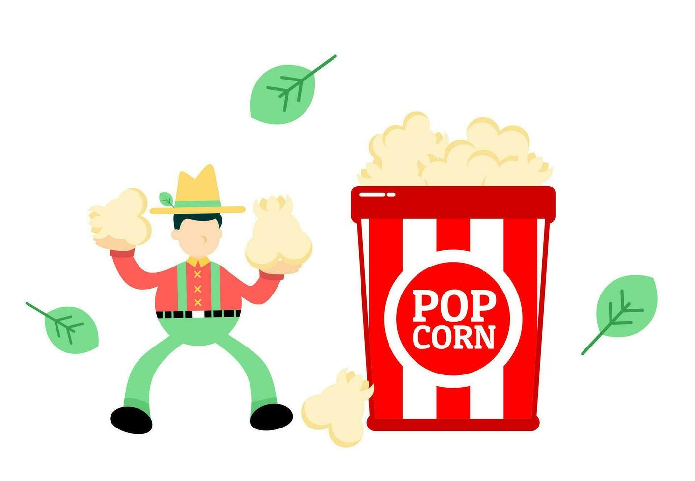 farmer man agriculture and popcorn snack bucket cartoon doodle flat design style vector illustration