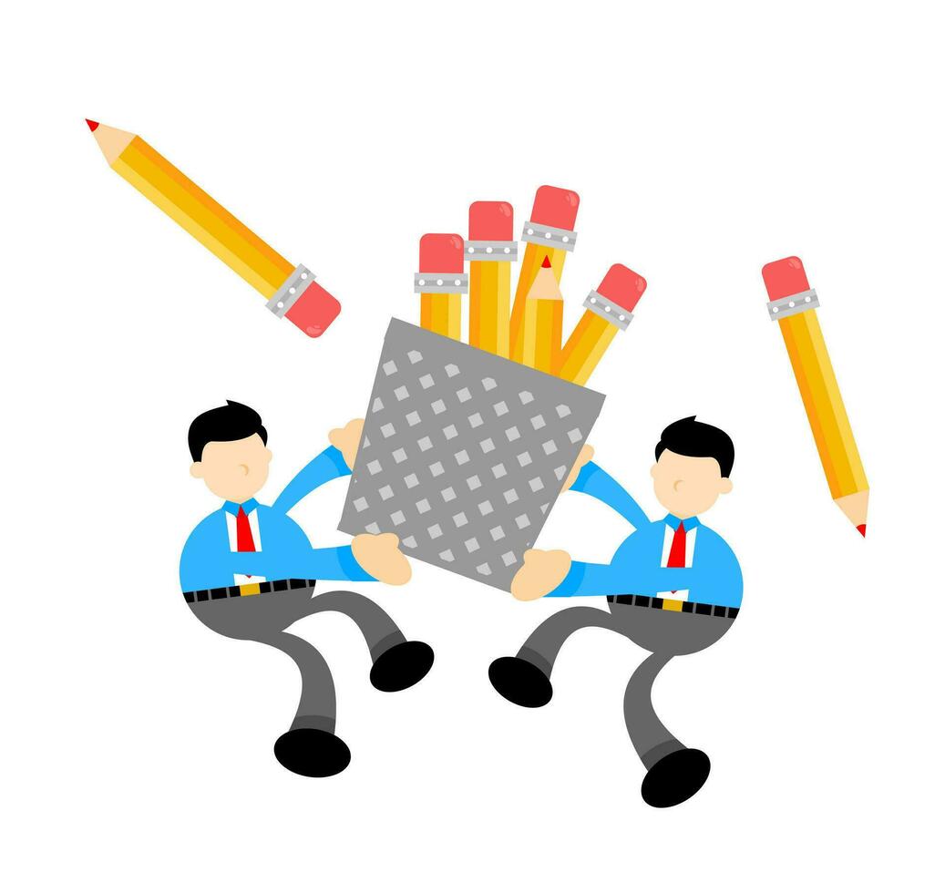 businessman worker and pencil bucket stationery cartoon doodle flat design style vector illustration