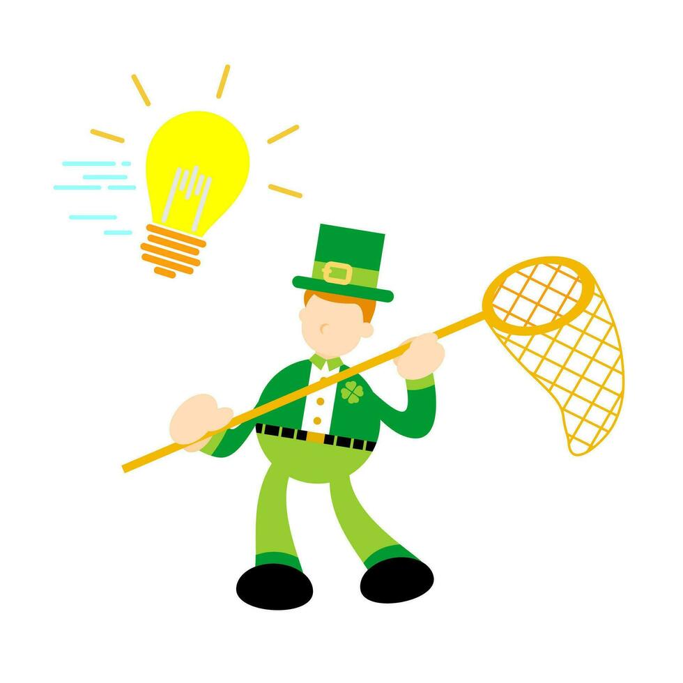 leprechaun catch fly light lamp idea bulb cartoon doodle flat design style vector illustration