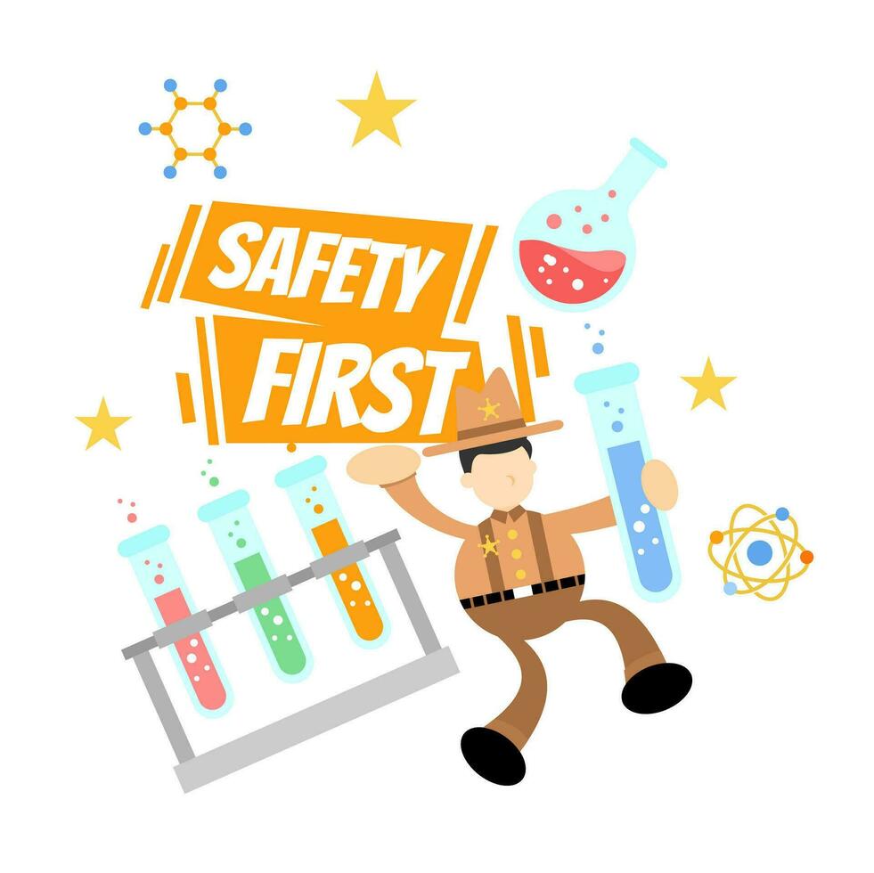 cowboy and safety experiment laboratory flask research science cartoon doodle flat design style vector illustration