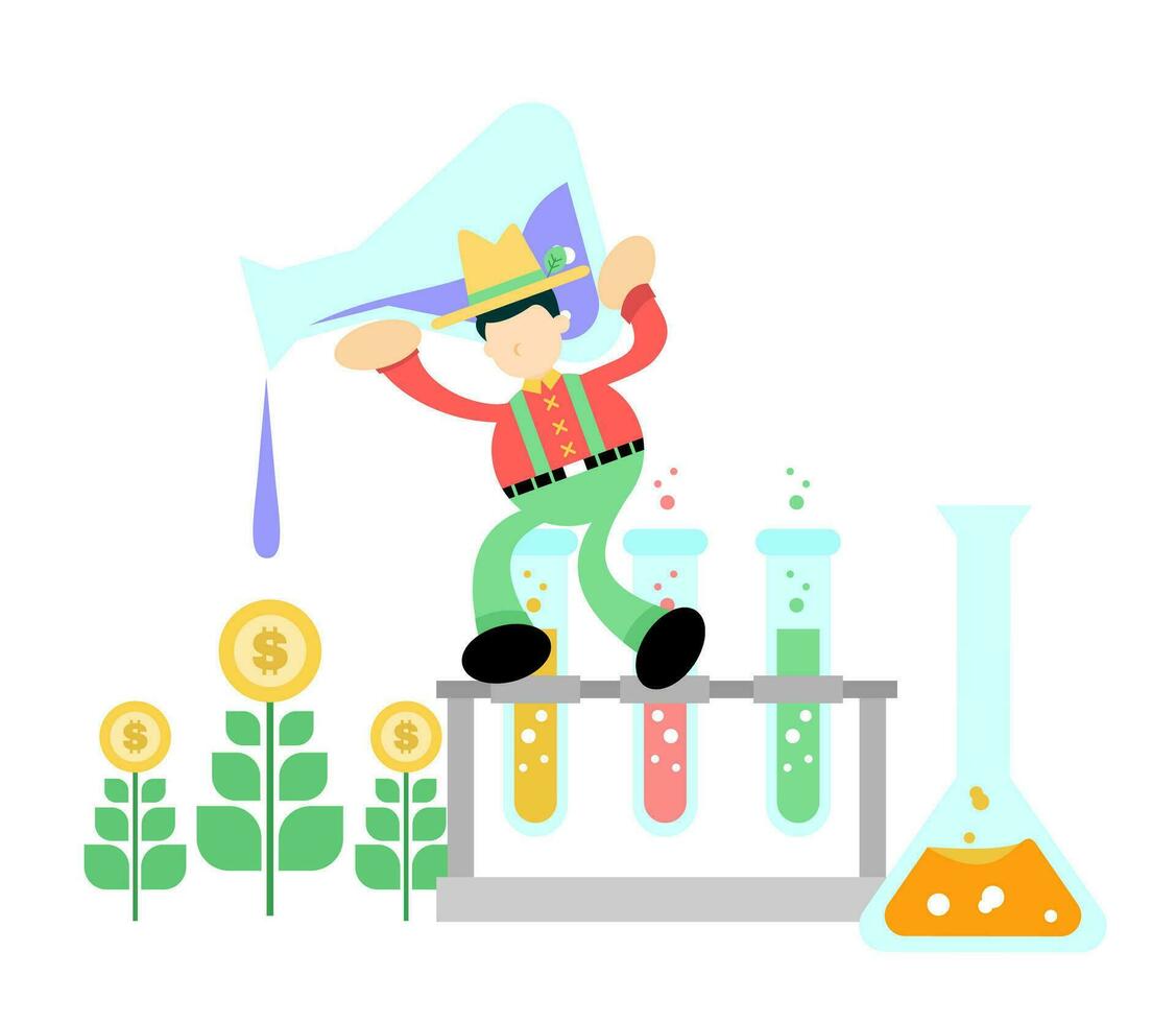 granjero hombre agricultura y dinero planta experimentar laboratorio investigación Ciencias dibujos animados garabatear plano diseño estilo vector ilustración