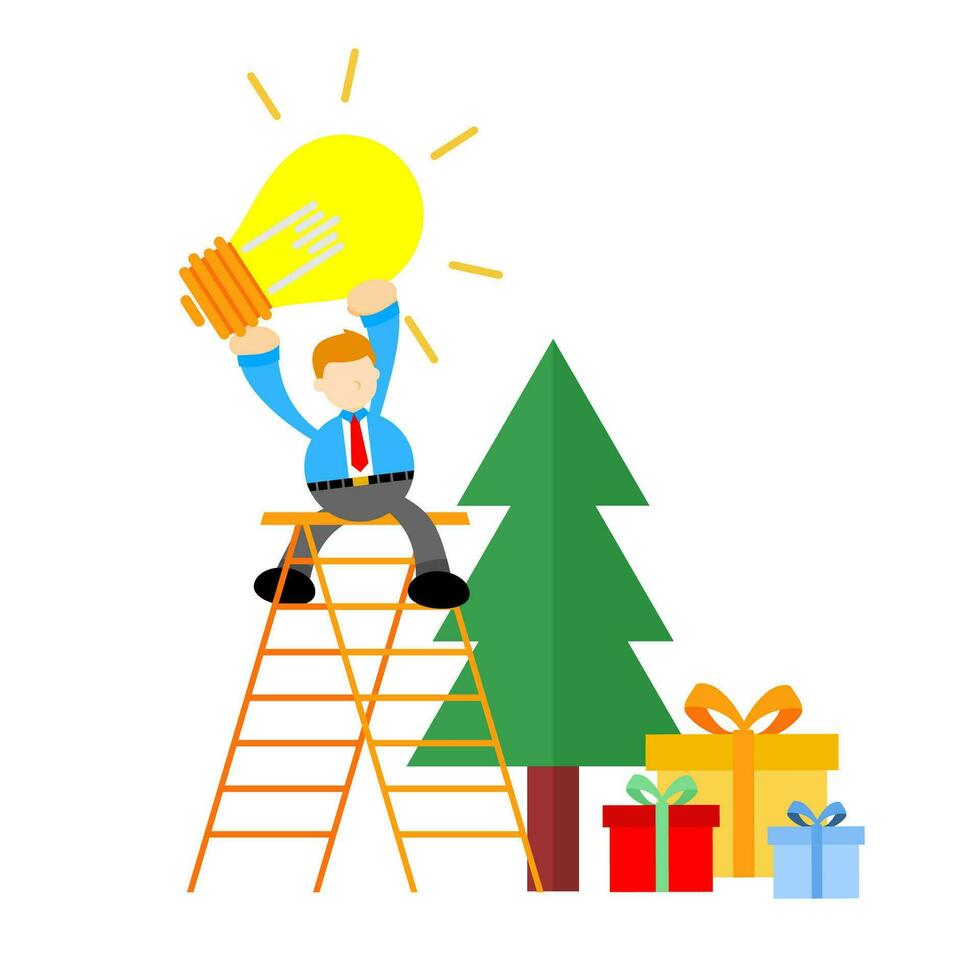 businessman and lamp idea christmas pine tree cartoon doodle flat design style vector illustration