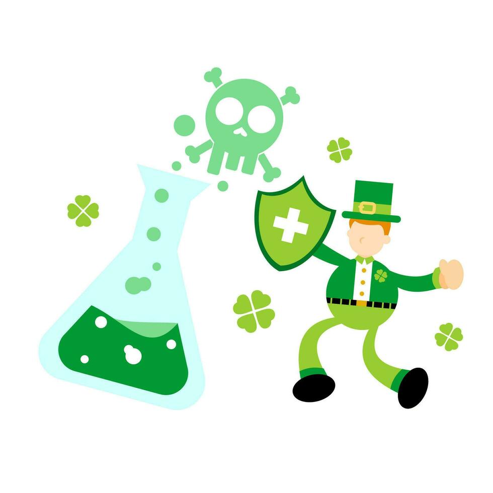 leprechaun shamrock celtic stop hazardous skull alert danger toxic laboratory formula cartoon doodle flat design style vector illustration