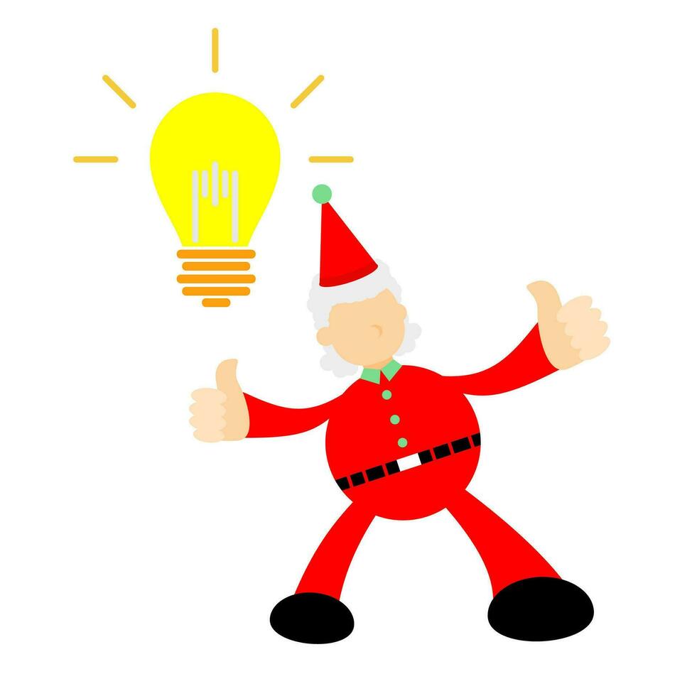Navidad rojo Papa Noel claus con brillante idea ligero bulbo dibujos animados garabatear plano diseño estilo vector ilustración