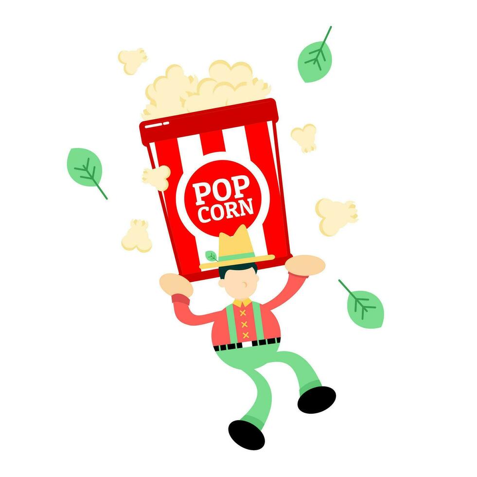 farmer man agriculture and popcorn snack bucket cartoon doodle flat design style vector illustration