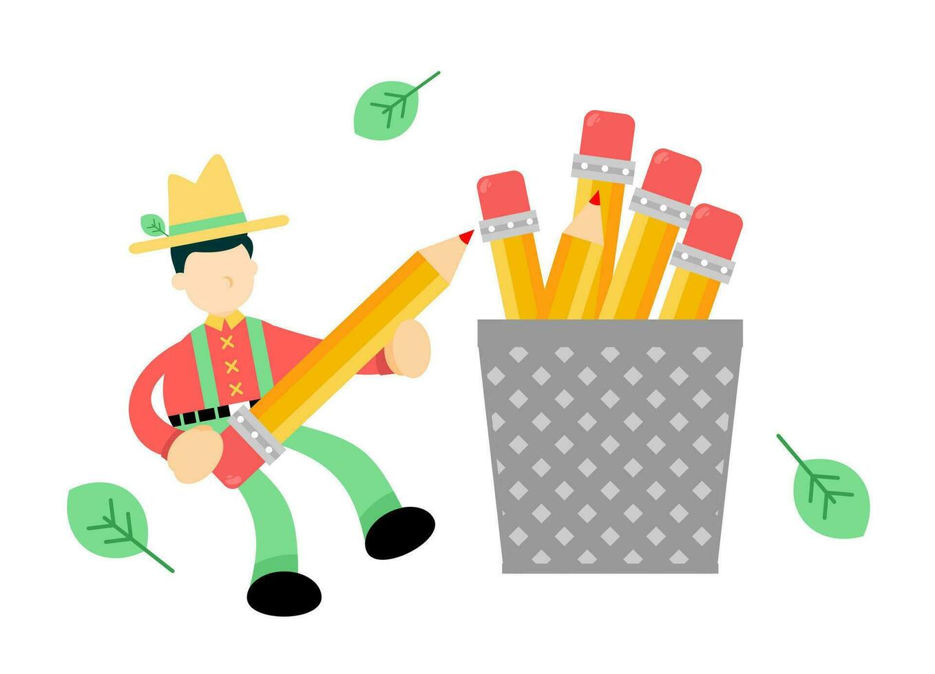 farmer man agriculture and pencil bucket stationery cartoon doodle flat design style vector illustration