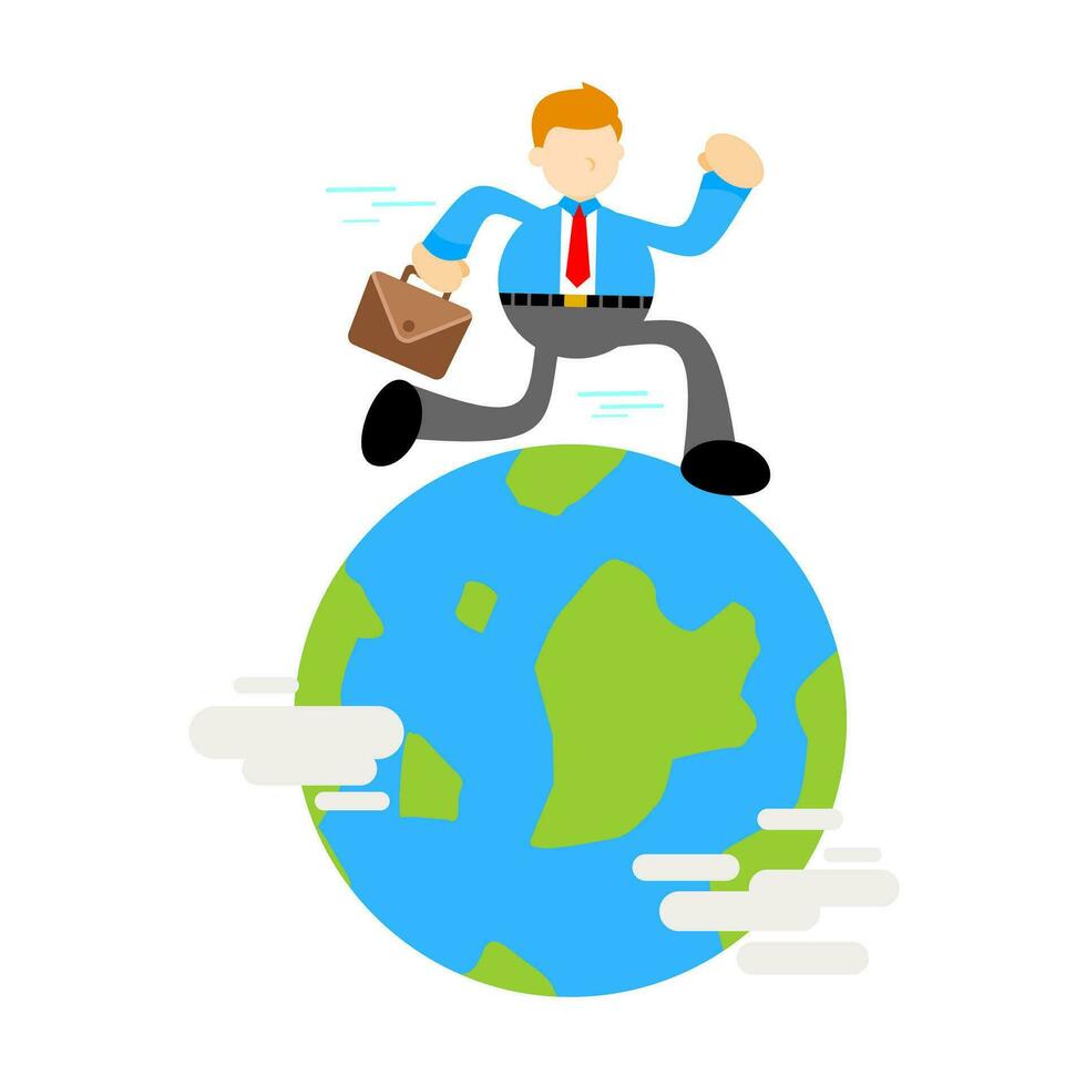businessman worker run around the world globe cartoon doodle flat design style vector illustration