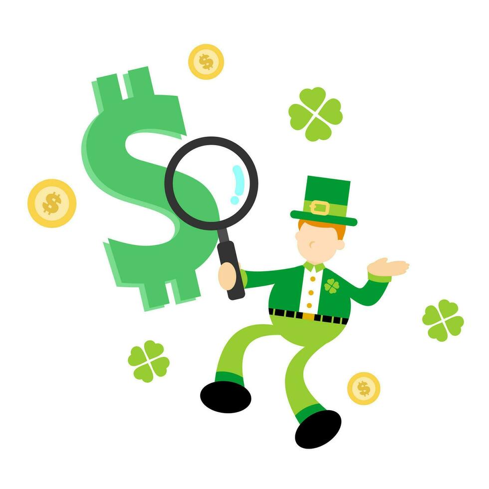 leprechaun shamrock celtic and money dollar cartoon doodle flat design style vector illustration