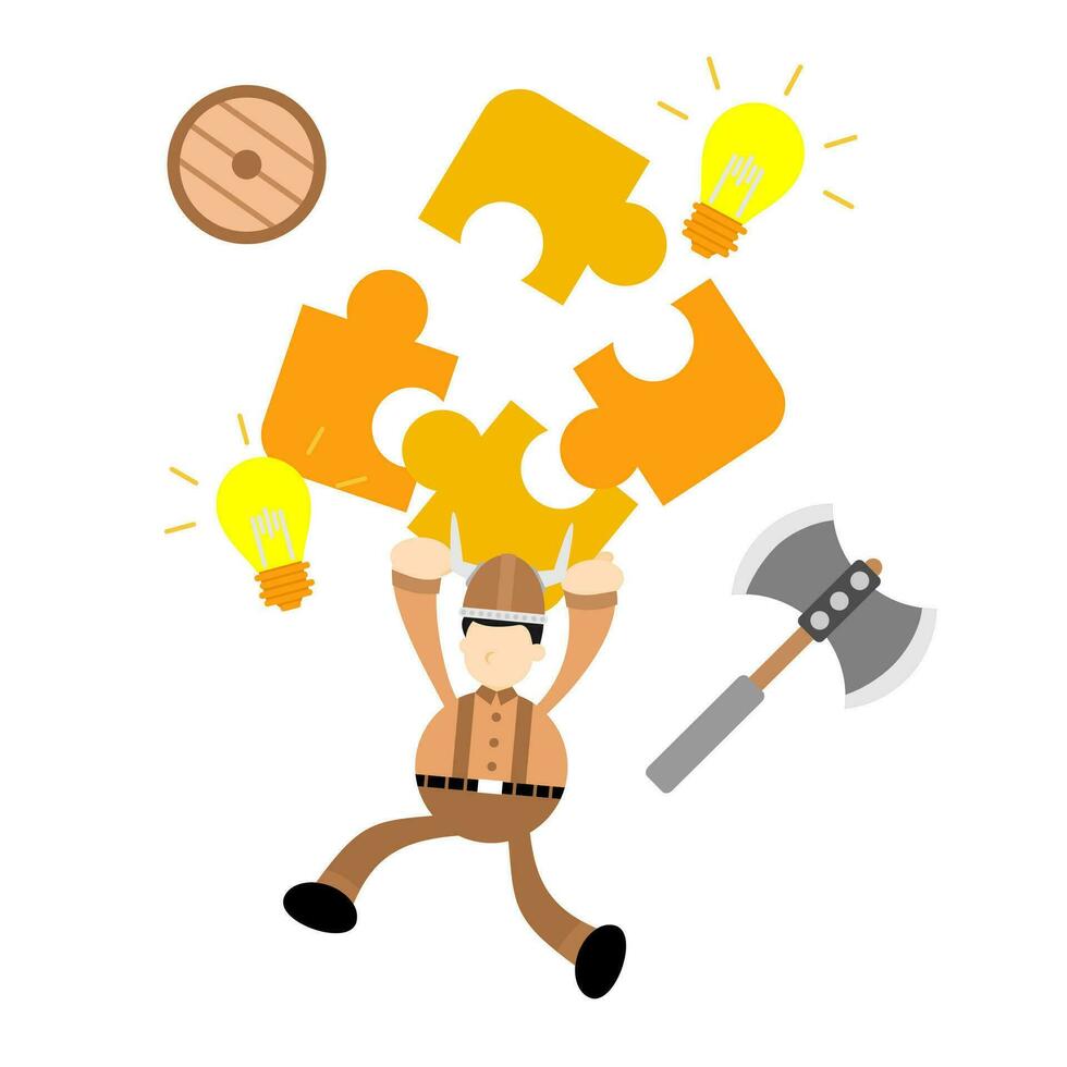 barbarian viking and puzzle lamp idea business cartoon doodle flat design style vector illustration