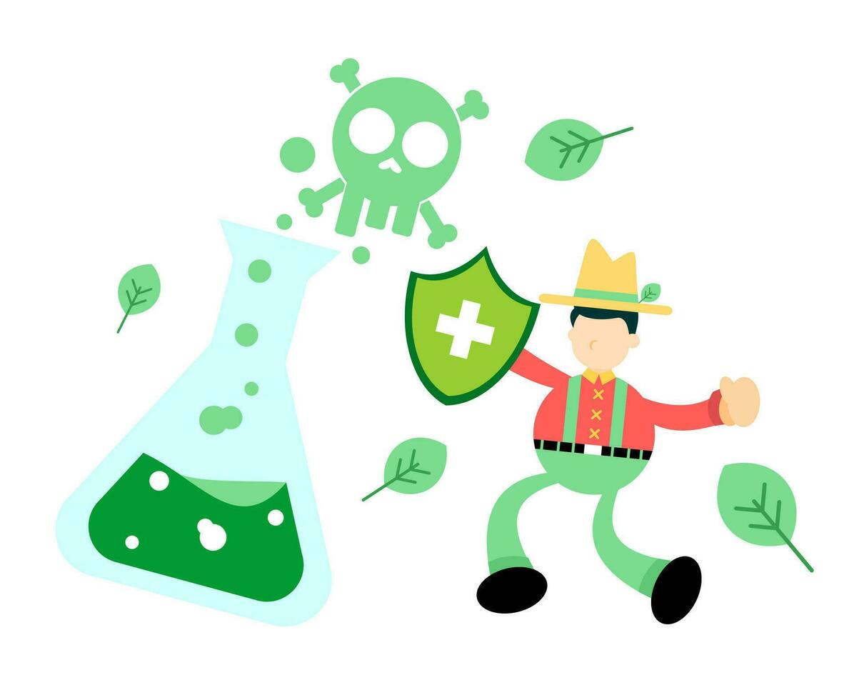 farmer man agriculture stop hazardous skull alert danger toxic laboratory formula cartoon doodle flat design style vector illustration