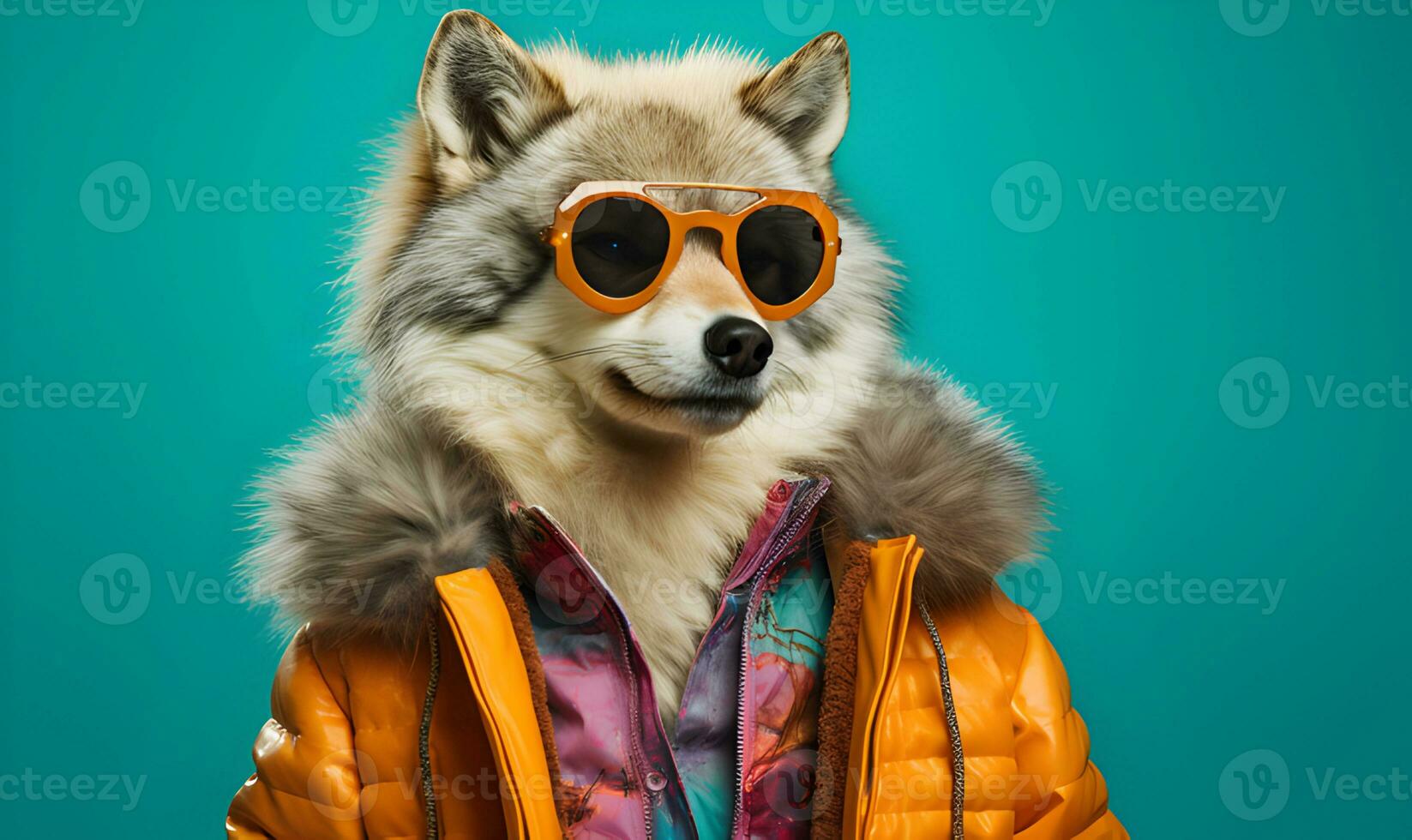 Happy dog character in two tone stylish sunglasses and fur coat looking away against pastel and turquoise background. AI Generative. photo