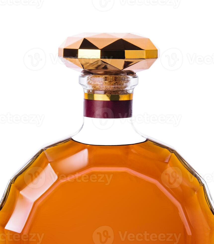 Round elegant bottle of cognac isolated on white photo