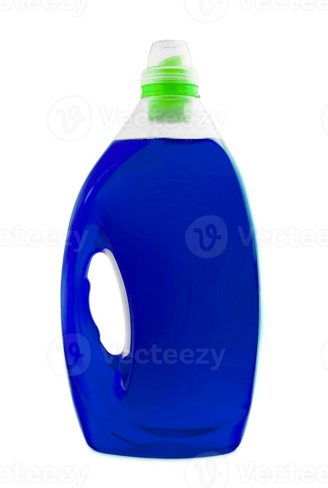 Blue plastic bottle isolated on white background photo