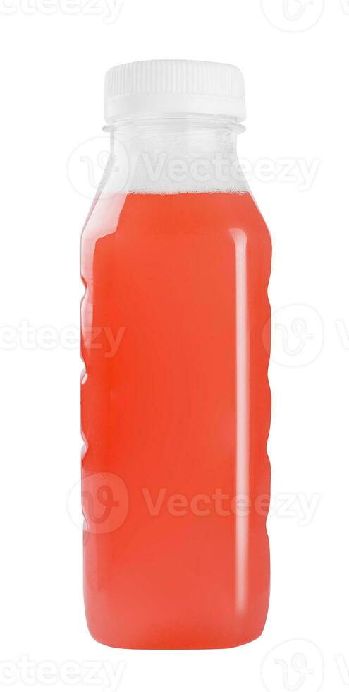 small plastic bottle with juice on a white photo