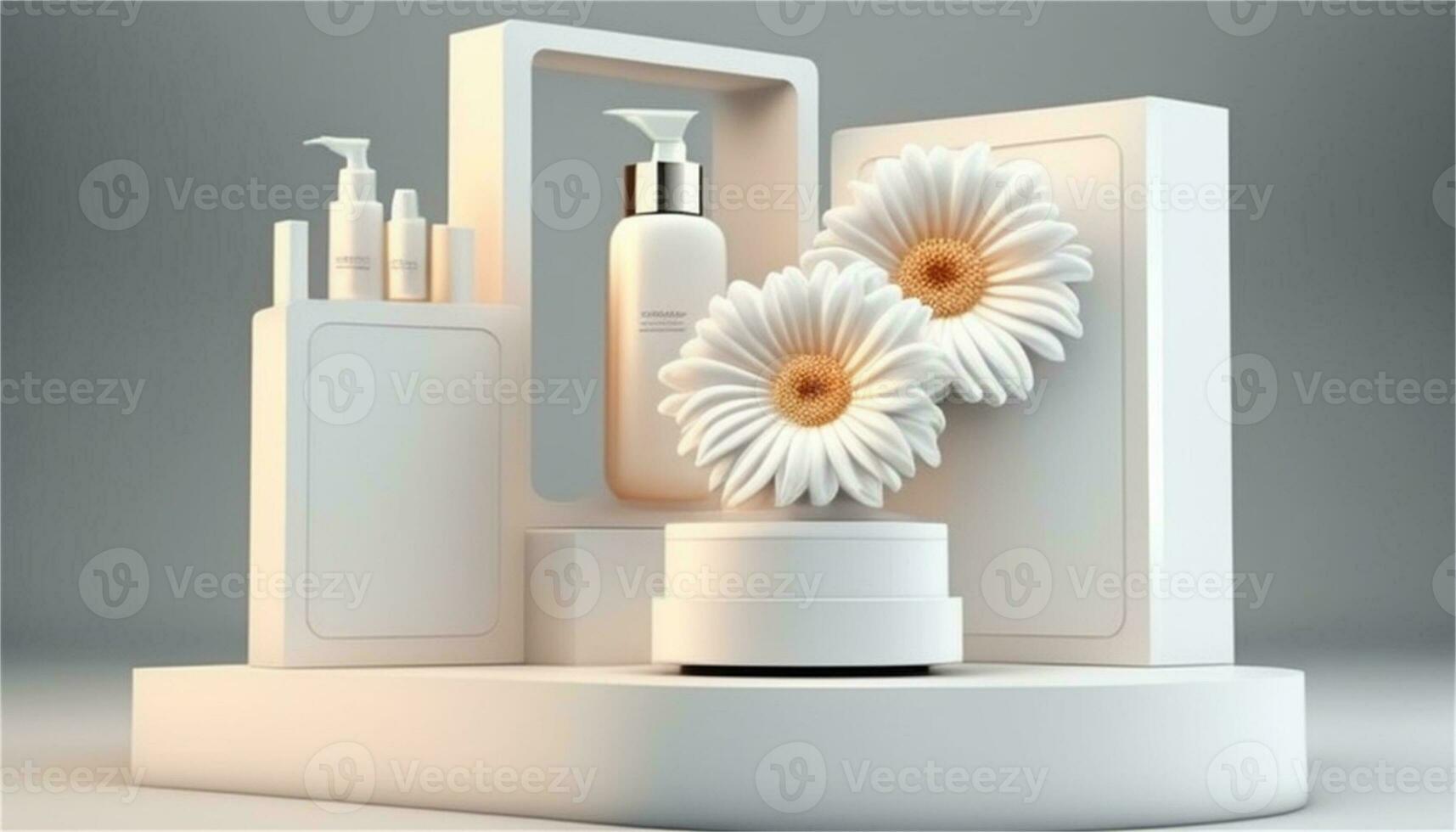 a white flower and cosmetic products on a pedestal AI Generative photo