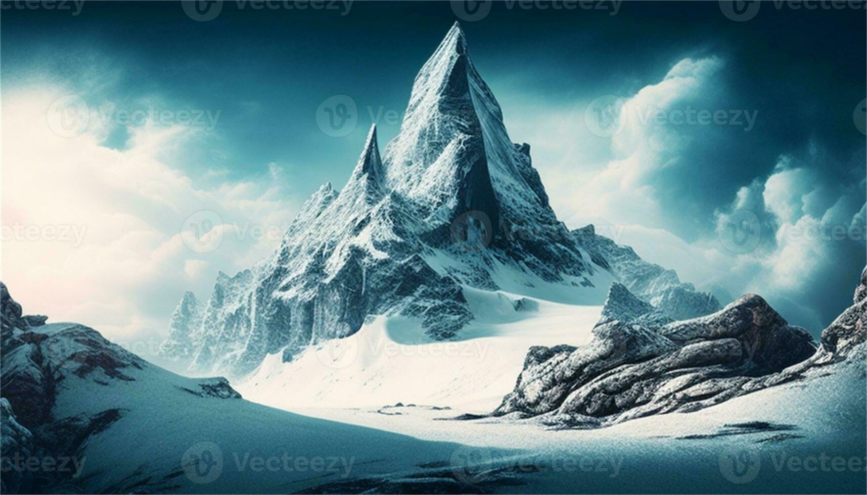 a snowy mountain landscape with a river and rocks AI Generative photo