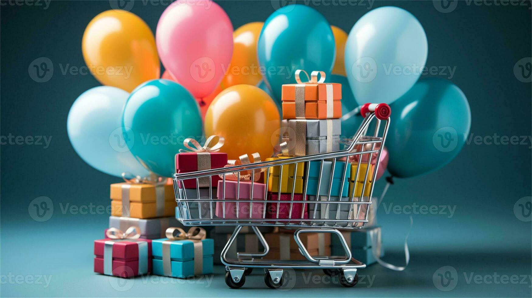 a shopping cart with many gift boxes and balloons AI Generated photo