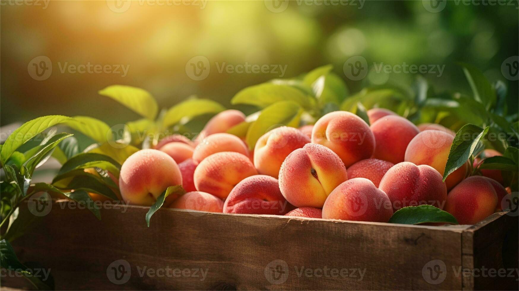 fresh peaches in a wooden box on a table AI Generative photo