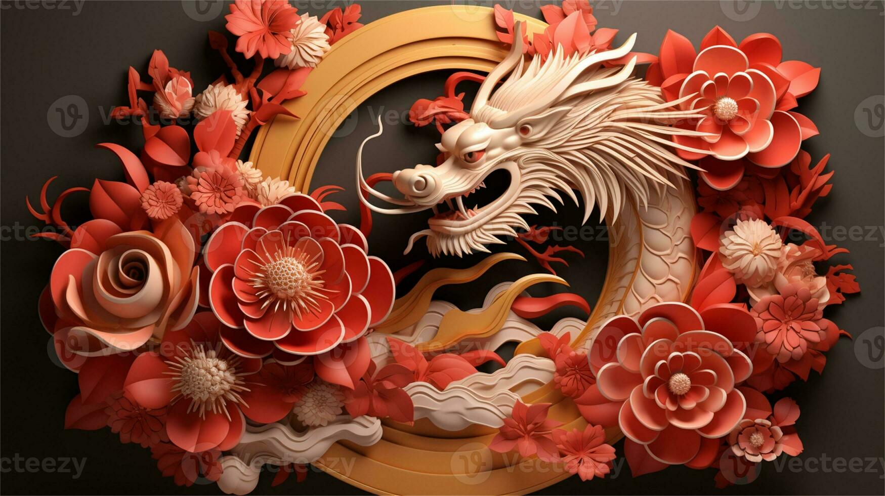 a golden dragon surrounded by flowers AI Generative photo