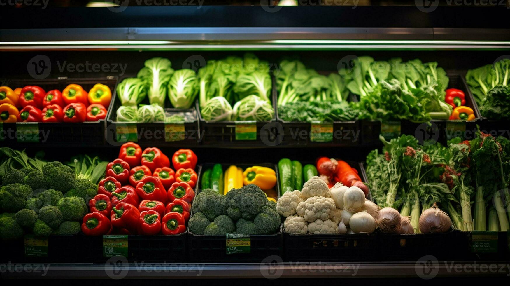 Fresh vegetables on the counter of a supermarket. Healthy food concept AI Generative photo