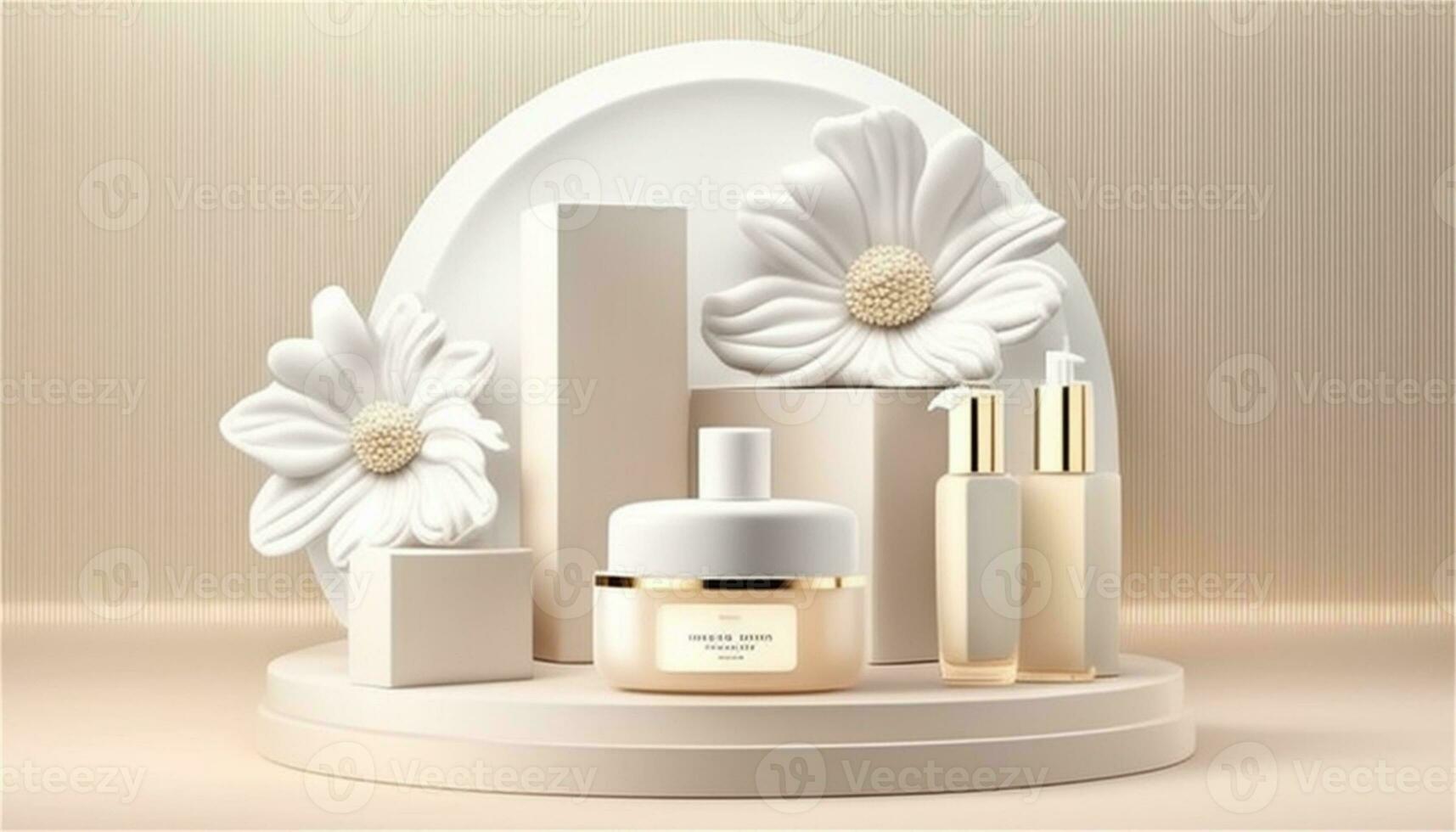 a white flower and cosmetic products on a pedestal AI Generative photo