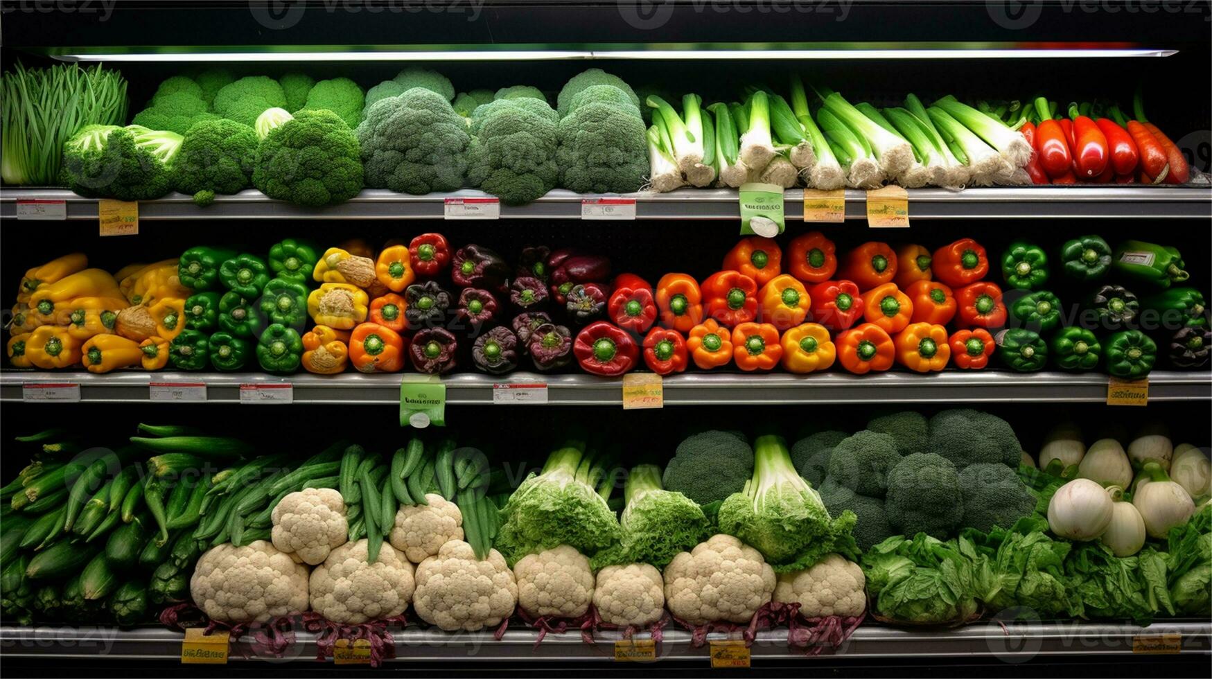 Fresh vegetables on the counter of a supermarket. Healthy food concept AI Generative photo