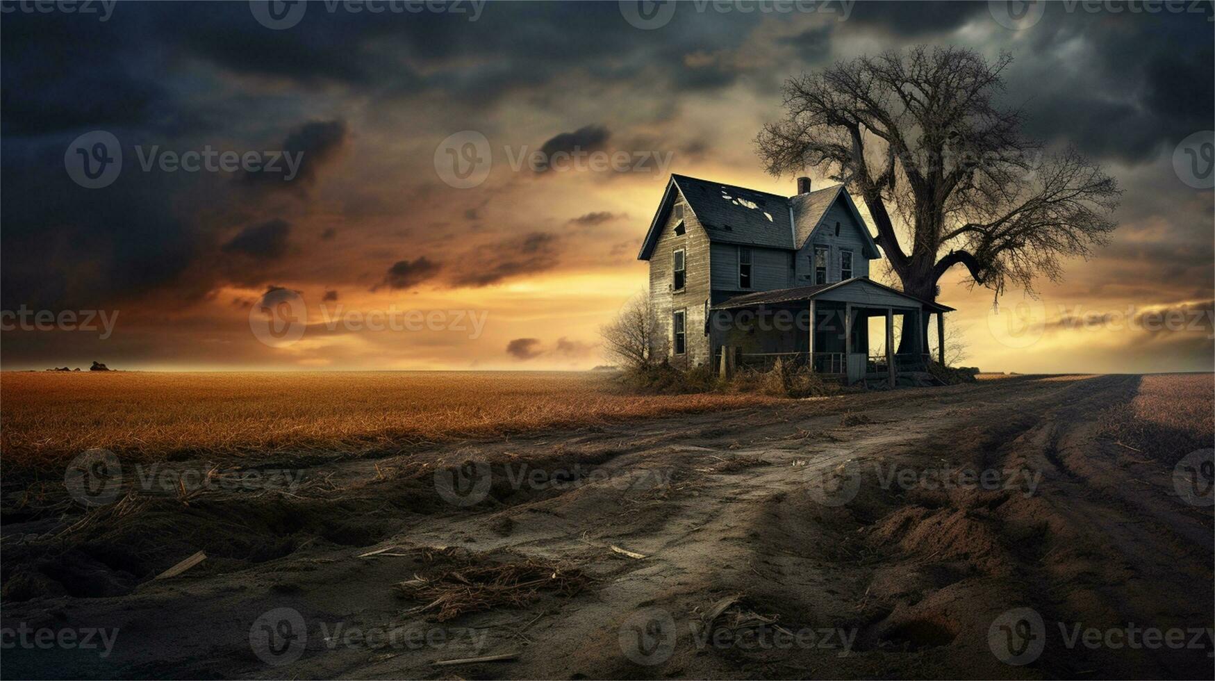 an old abandoned house in the middle of a field AI Generated photo