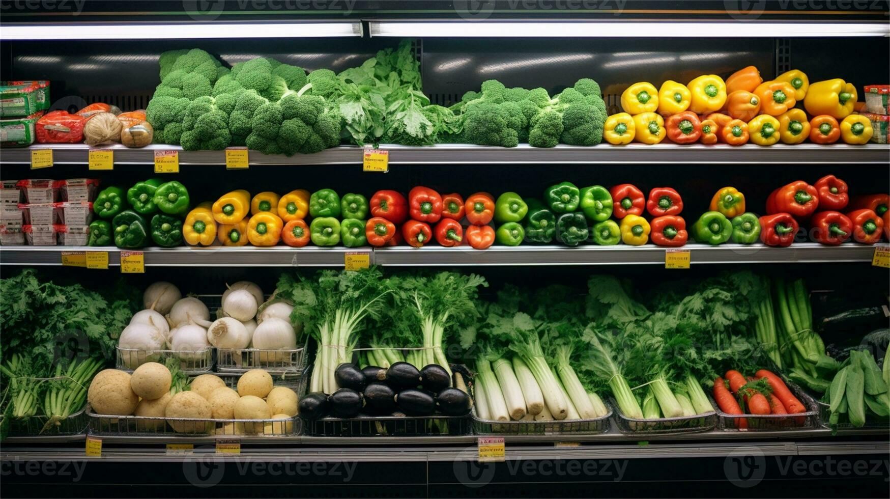 Fresh vegetables on the counter of a supermarket. Healthy food concept AI Generative photo