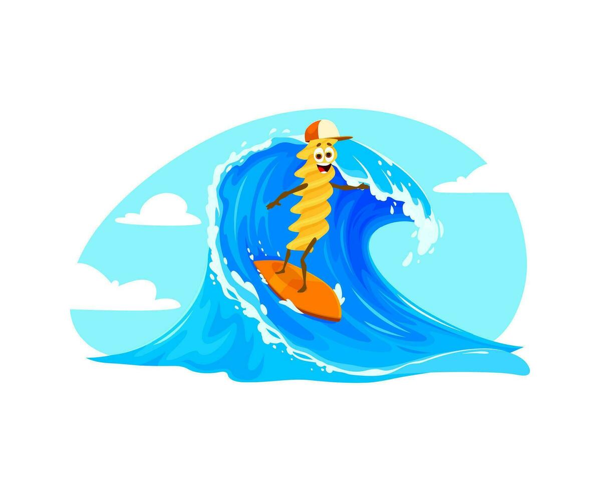 Cartoon cheerful Fusilli pasta rides on surfboard vector