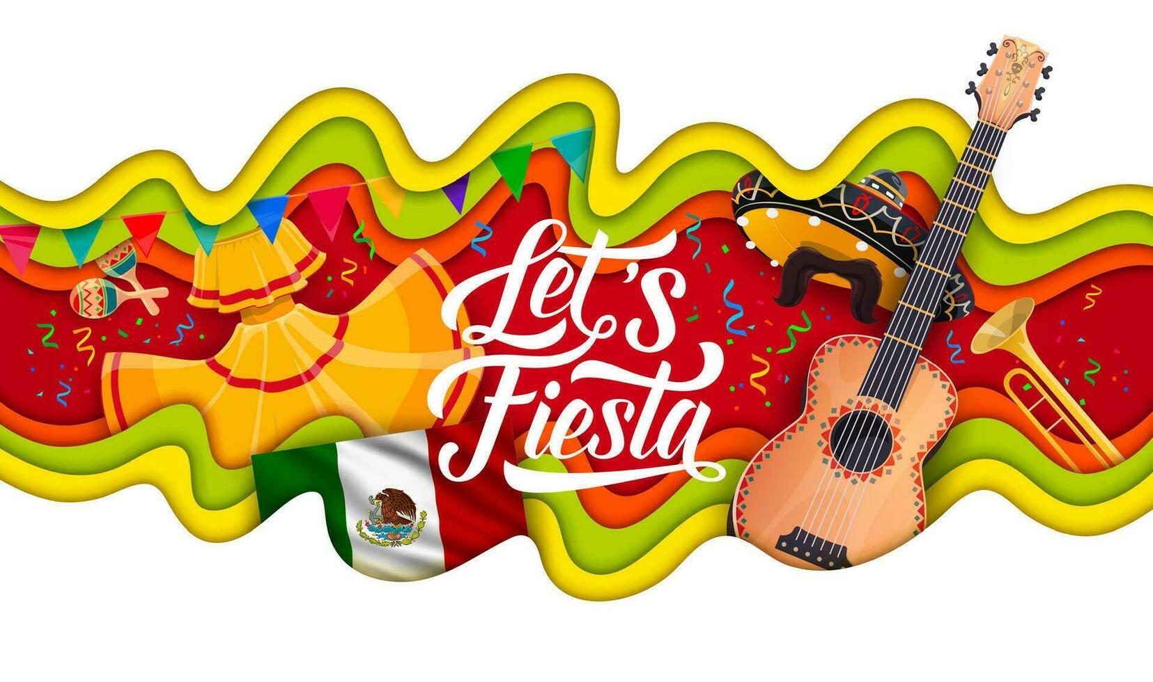 mexicano fiesta fiesta bandera con música instrumentos vector