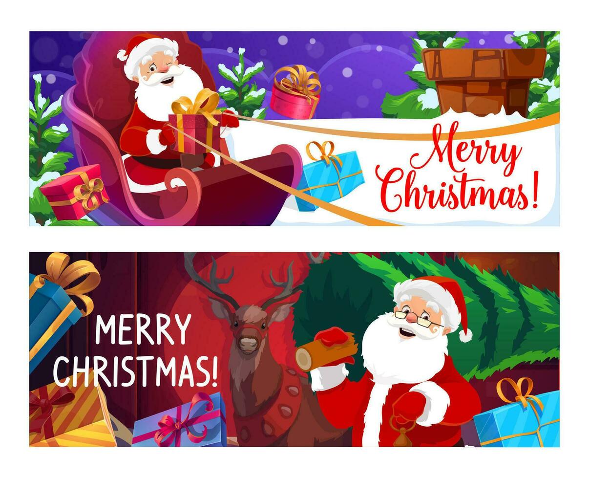 Christmas banners with Santa on sleigh, reindeer vector