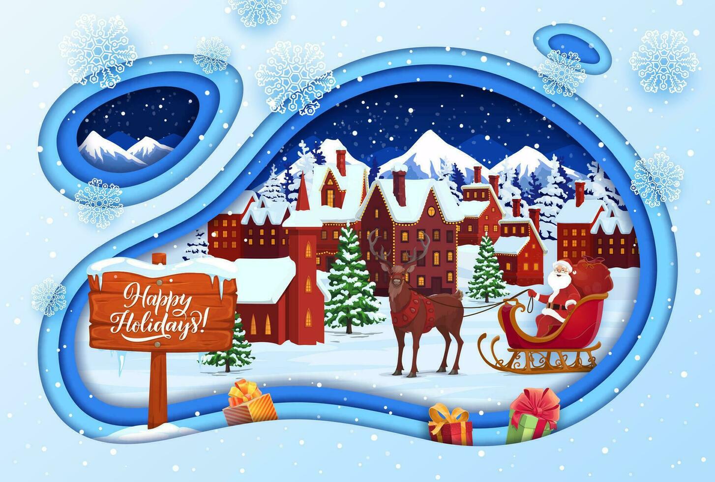 Navidad papel cortar paisaje con Papa Noel, reno vector