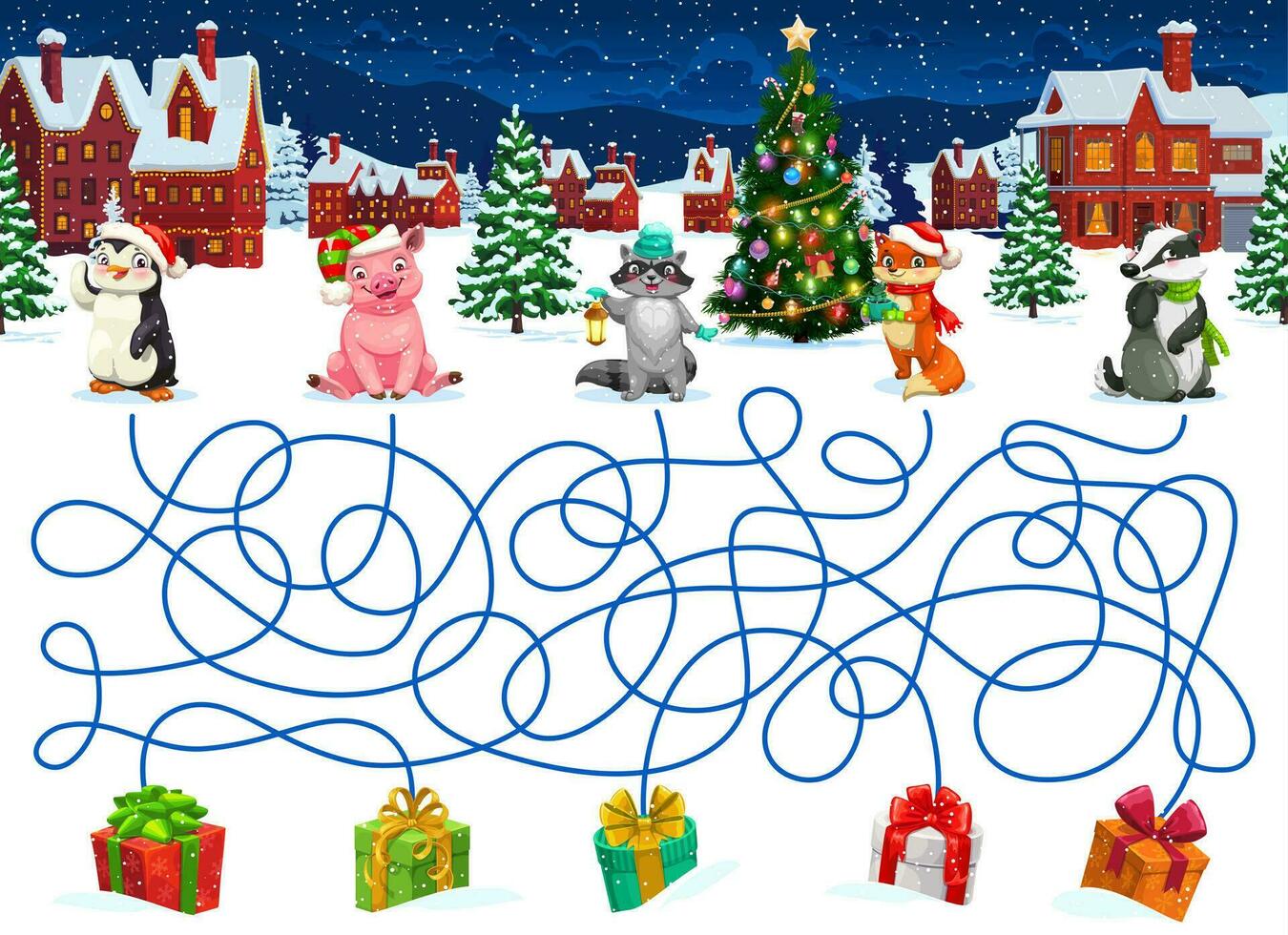 Christmas labyrinth maze help to animals find gift vector