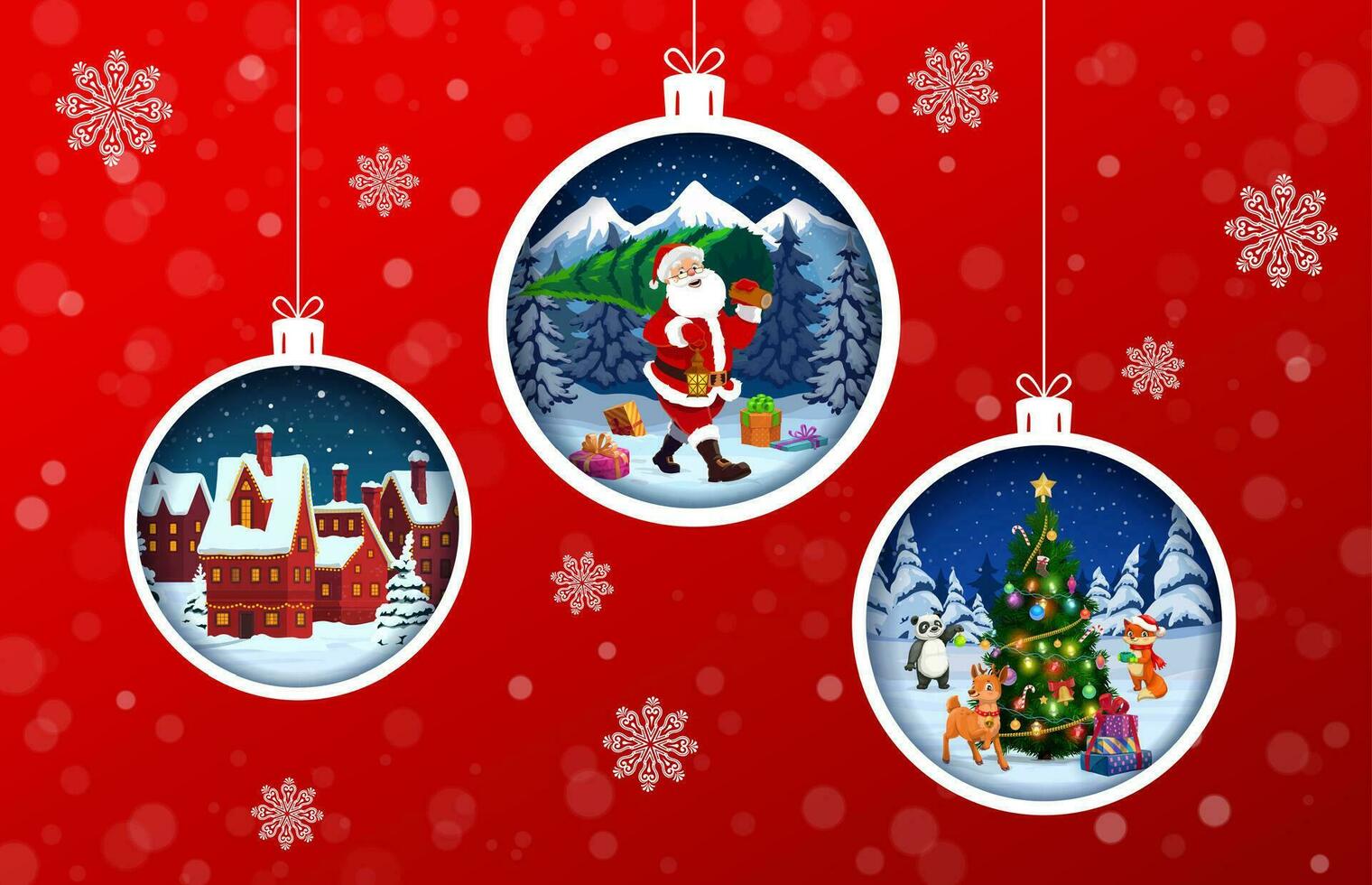 Christmas paper cut baubles holiday characters vector